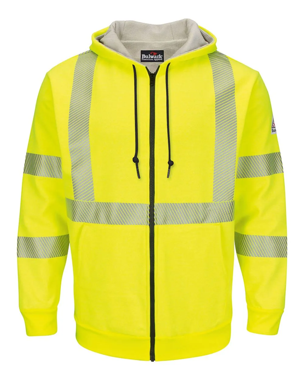Bulwark SMZ4HVT Men's Tall Hi-Visibility Zip-Front Hooded Fleece Sweatshirt with Waffle Lining — blank hooded sweatshirt, front view