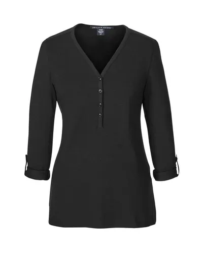 Devon & Jones DP186W Women's Perfect Fit™ Y-Placket Convertible Sleeve Knit Top — blank garment, front view