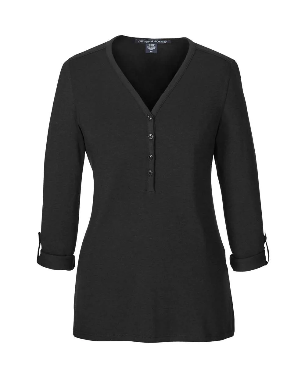 Devon & Jones DP186W Women's Perfect Fit™ Y-Placket Convertible Sleeve Knit Top — blank garment, front view