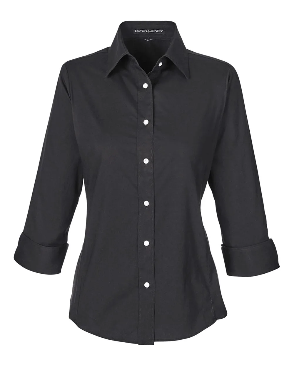 Devon & Jones DP625W Women's Perfect Fit™ Three-Quarter Sleeve Stretch Poplin Dress Shirt — blank woven shirt, front view