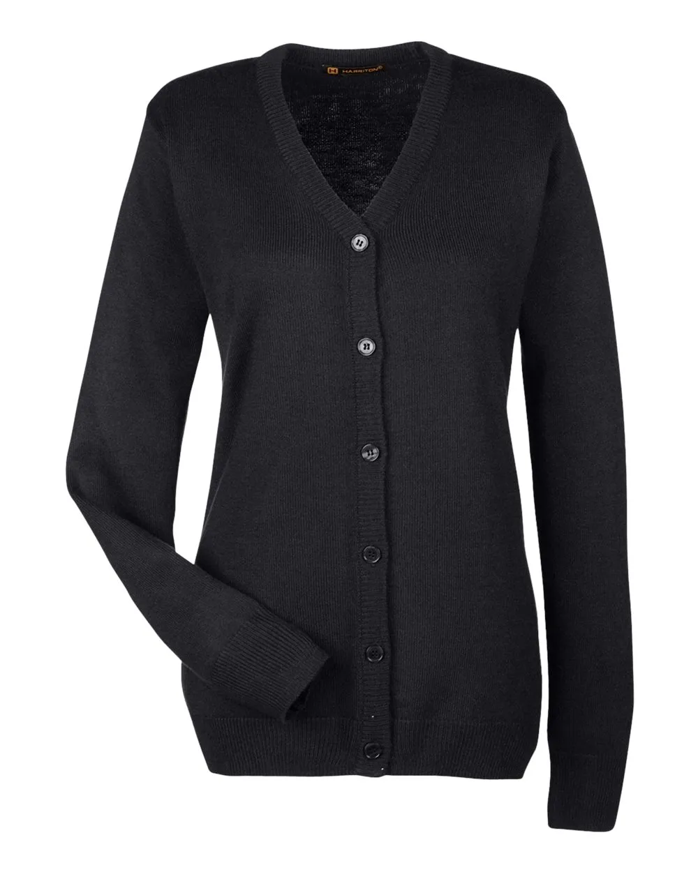 Harriton M425W Women's Pilbloc V-Neck Button Cardigan Sweater — blank garment, front view