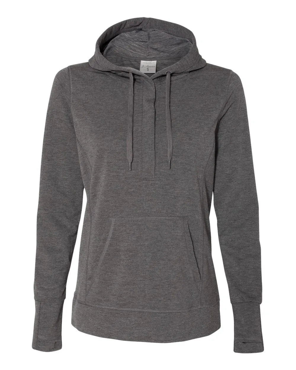 J. America 8431 Women’s Omega Stretch Snap-Placket Hooded Sweatshirt — blank hooded sweatshirt, front view