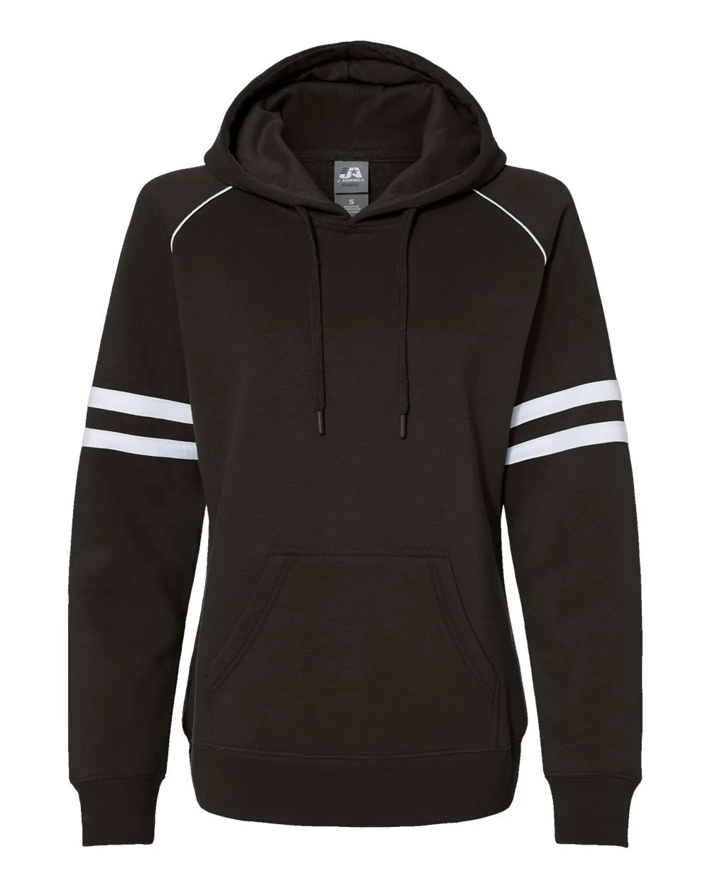 J. America 8645 Women's Varsity Fleece Piped Hooded Sweatshirt — blank hooded sweatshirt, front view