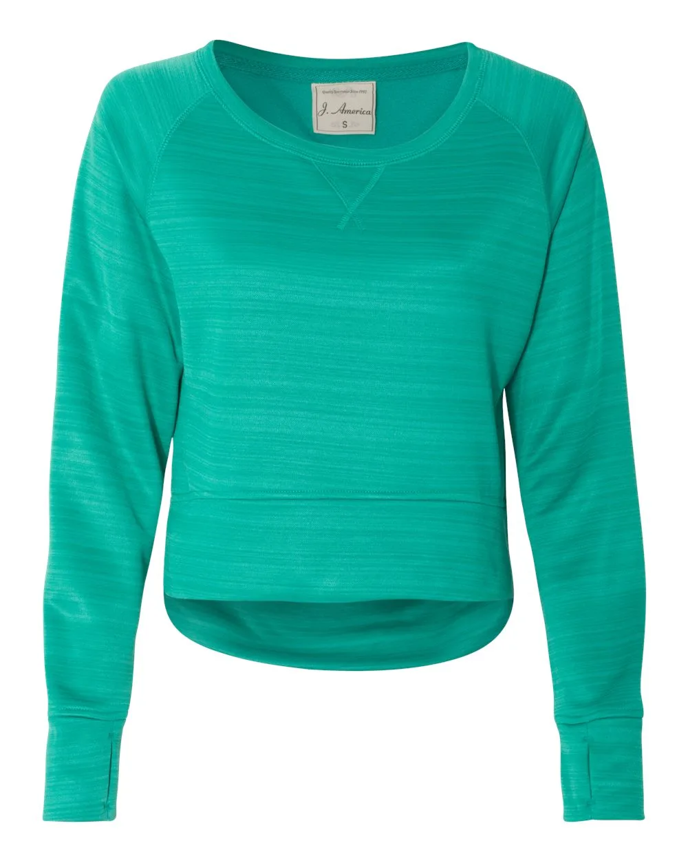 J. America 8663 Women's Odyssey Striped Performance Fleece Hi-Low Crewneck Sweatshirt — blank crewneck sweatshirt, front view
