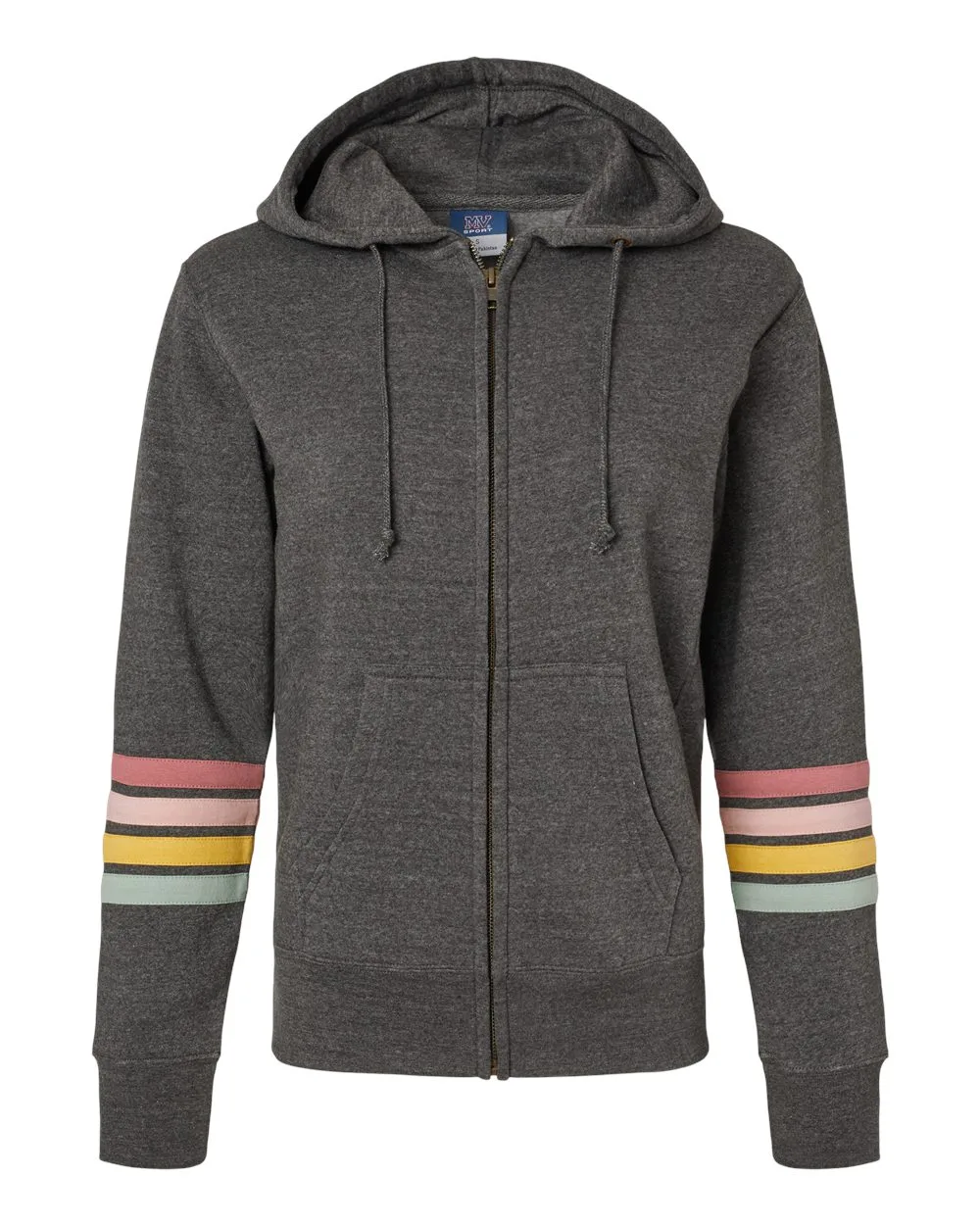 MV Sport W22732 Women's Striped Sleeves Full-Zip Hooded Sweatshirt — blank hooded sweatshirt, front view