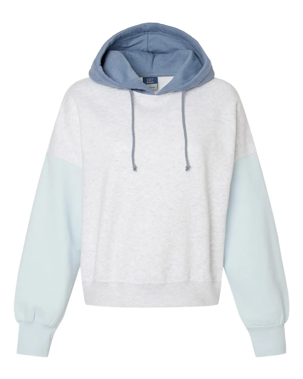 MV Sport W23716 Women's Sueded Fleece Colorblocked Crop Hooded Sweatshirt — blank hooded sweatshirt, front view
