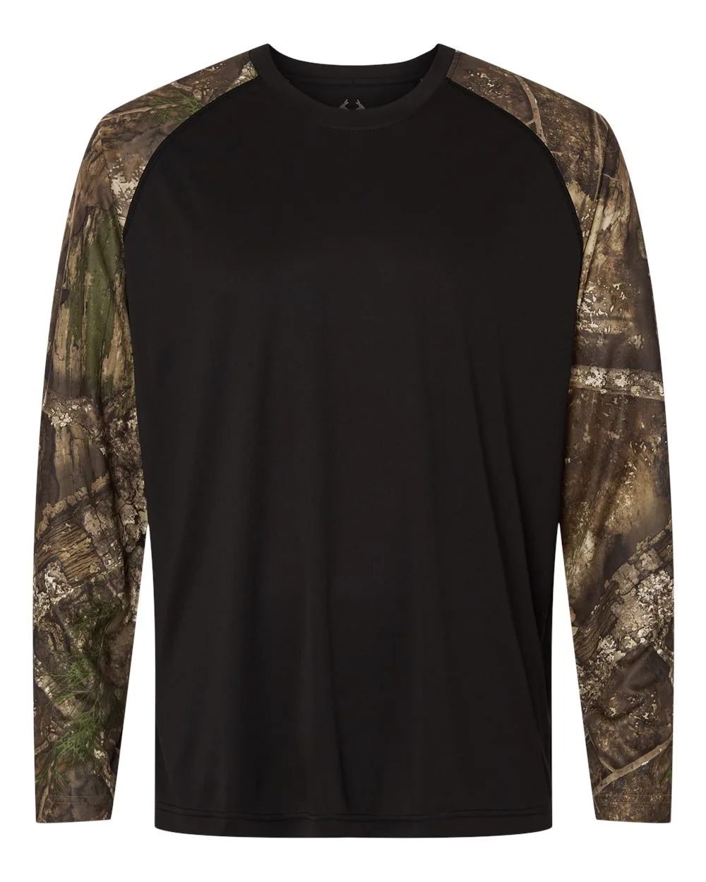 RealTree RT3104 Unisex Realtree® Performance Colorblocked Long Sleeve T-Shirt — blank long sleeve tee, front view