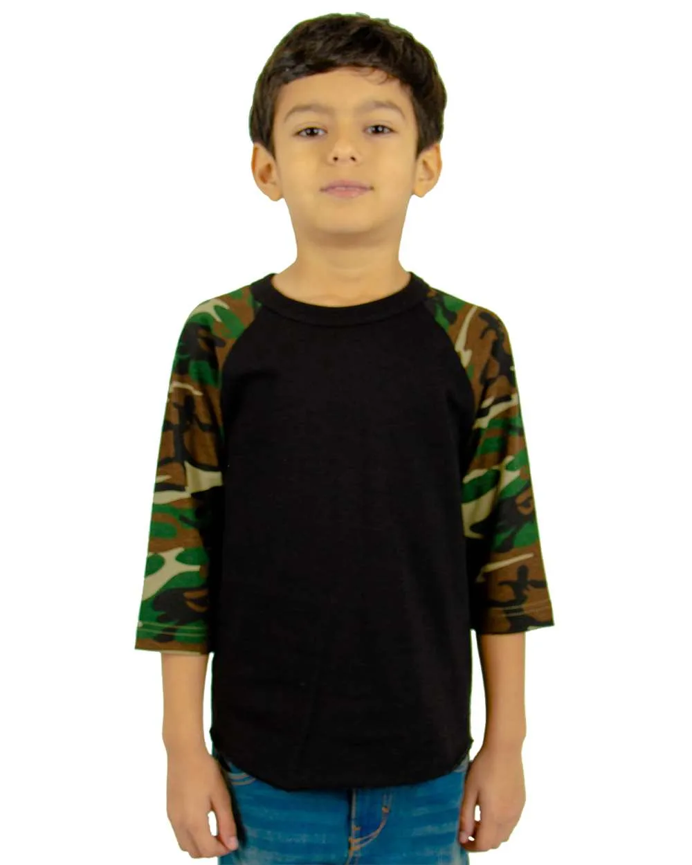 Shaka Wear SHRAGCY Youth Three-Quarter Sleeve Camo Raglan T-Shirt — blank t-shirt, front view