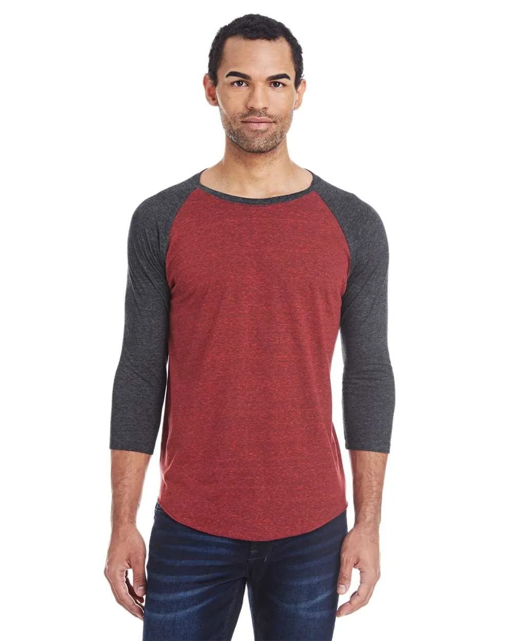 Threadfast Apparel 302G Unisex Triblend Three-Quarter Sleeve Raglan T-Shirt — blank t-shirt, front view