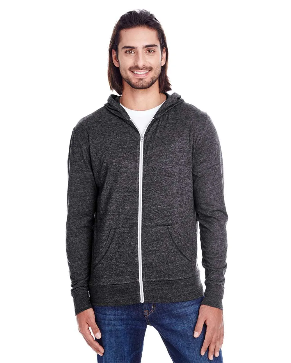 Threadfast Apparel 302Z Unisex Triblend Full-Zip Lightweight Hooded Sweatshirt — blank hooded sweatshirt, front view